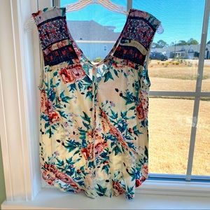 Sleeveless V-Neck Top Sz M Cream Turquoise Coral